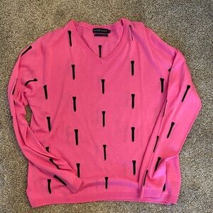 Pink V-Neck golf silk and cashmere Sweater with navy golf tee Accents